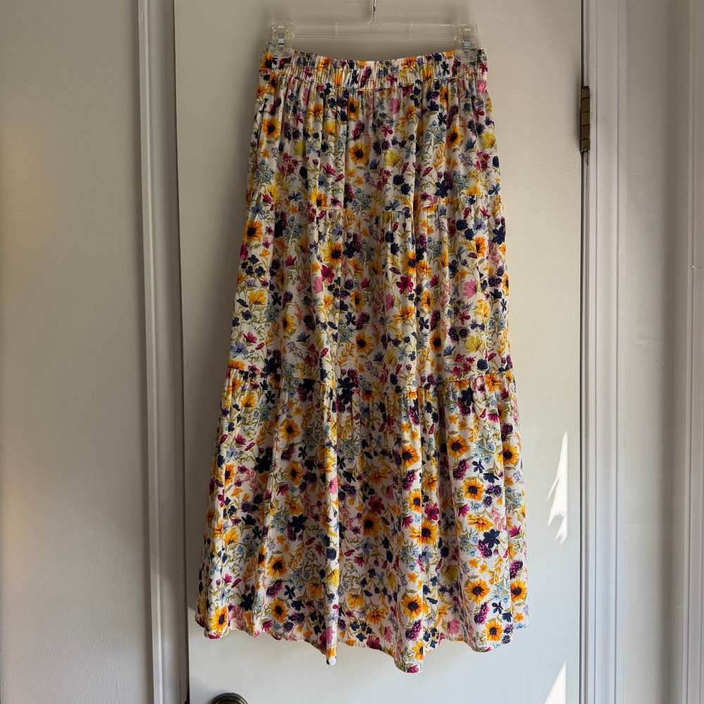 Old Navy Womens Small Floral Tiered Maxi Skirt Elastic Waist Pockets Boho White